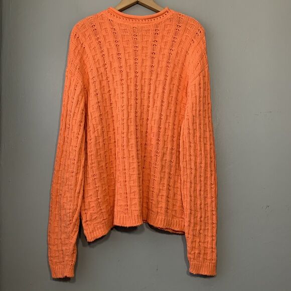 Vintage 80s Cotton Sweater Size Large Orange Roll Neck Hem Fisherman Dopamine - Picture 6 of 6
